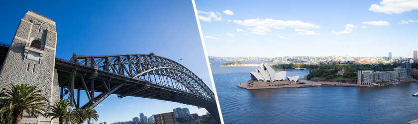 split image with sydney harbour bridge on left and view of sydney opera house on the right