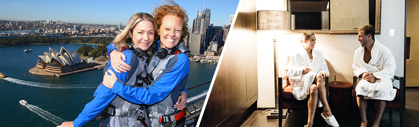 Two images - Image 1, two friends hugging at the summit of the Sydney Harbour Bridge, Image 2, person enjoying infrared sauna