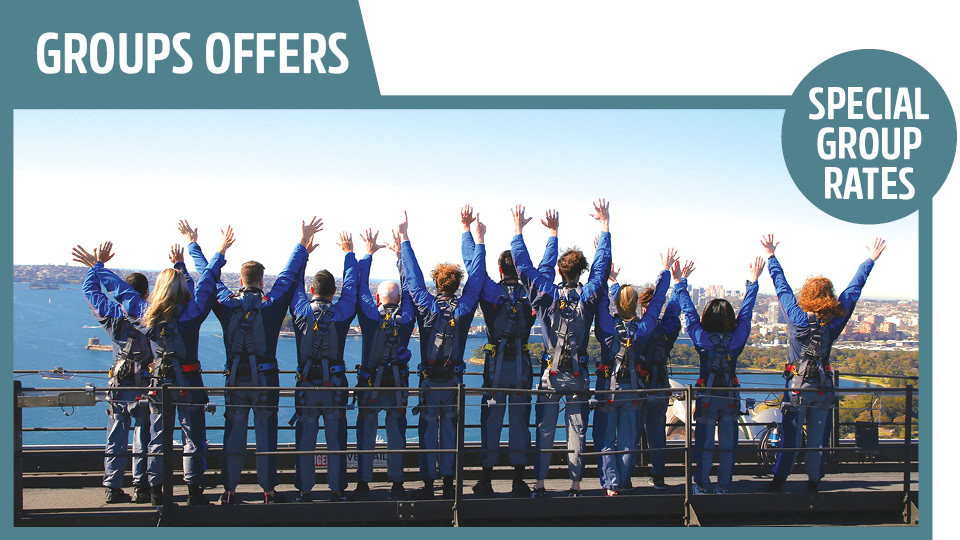 bridgeclimb corporate events and packages special group rates, a group of climbers cheering looking out at the harbour