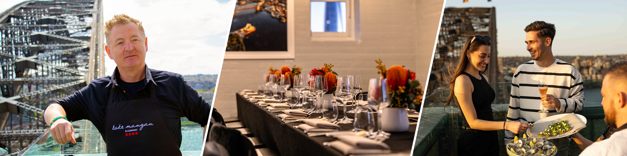 Three images - Luke's Table set for dinner, Luke Mangan with the Bridge in the background and Luke's Table team serving canapes at the Pylon Lookout