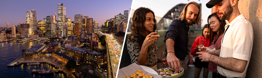 Sunset city views from the Pylon Lookout and friends enjoying Luke's Table canapes