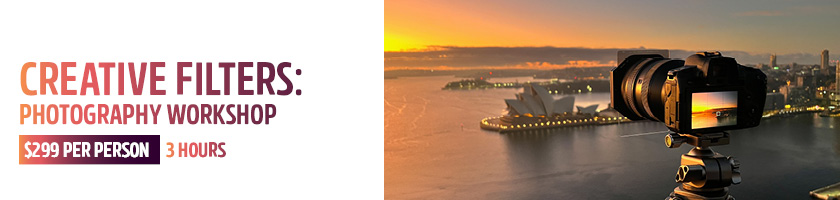 creative filters photography workshop with image of a camera in the foreground capturing an image of sydney harbour