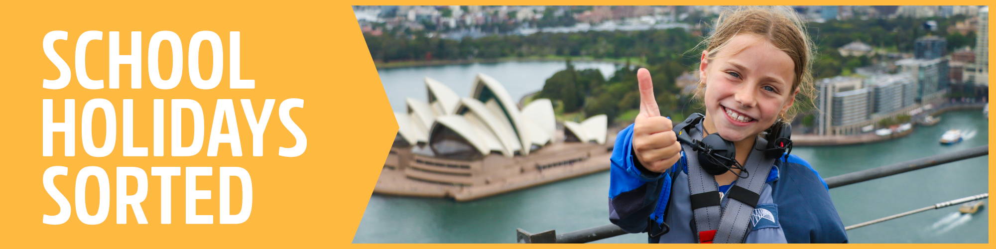 school holidays sorted with smiling girl at the top of the sydney harbour bridge with thumb up 