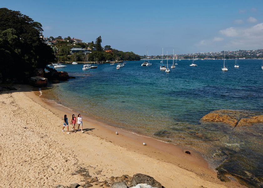 people walking on the sand at milk beach sydney harbour