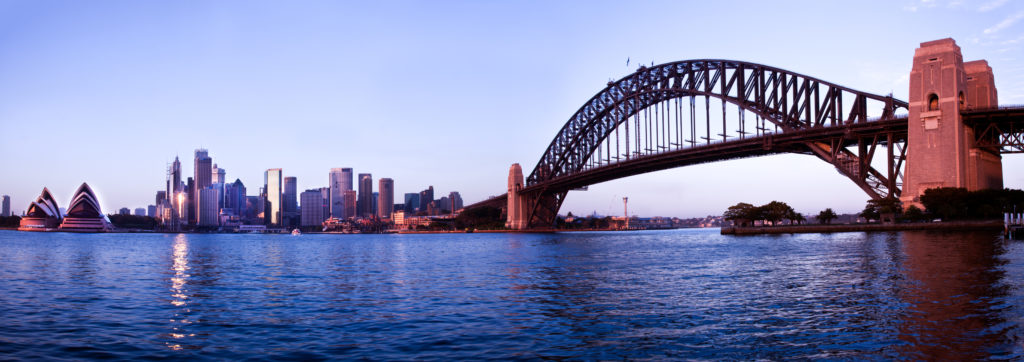 sydney harbour bridge and sydney harbour panoramic city skyline