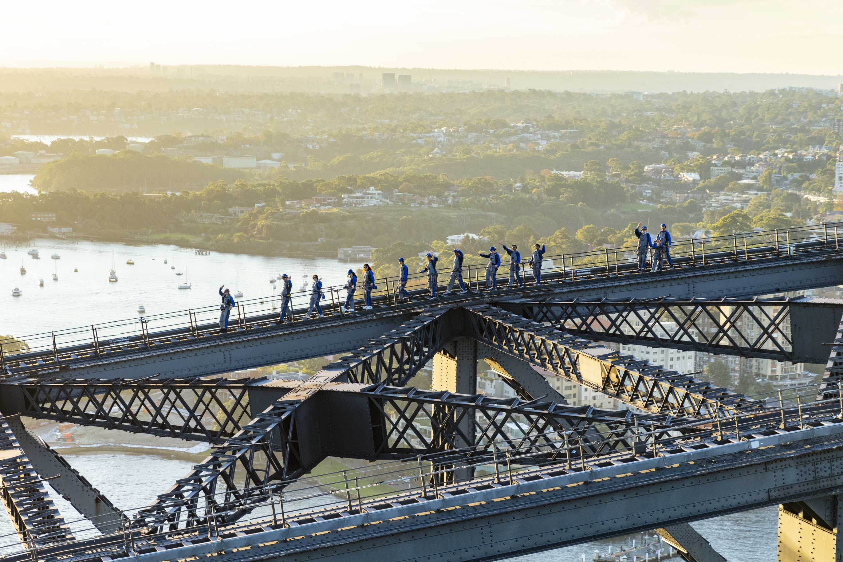 aerial view of climbers at the top of the sydney harbour bridge