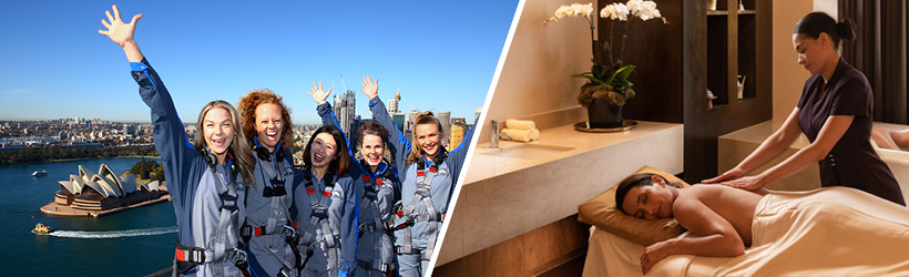 Two images - Image 1 - Person Climbing bridge, Image 2 - Person enjoying the Spa