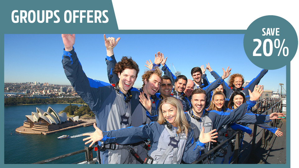 bridgeclimb groups offer save 20% off for groups of ten or more, a group are cheering at the top of the sydney harbour bridge with opera house in the background